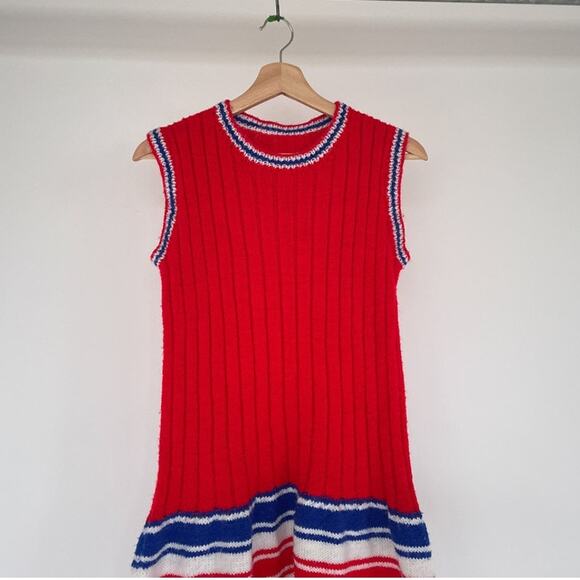 Vtg 60's Mod Red Striped Knit Acrylic Sweater Sleeveless Dress Sz M/L Retro - Picture 3 of 7